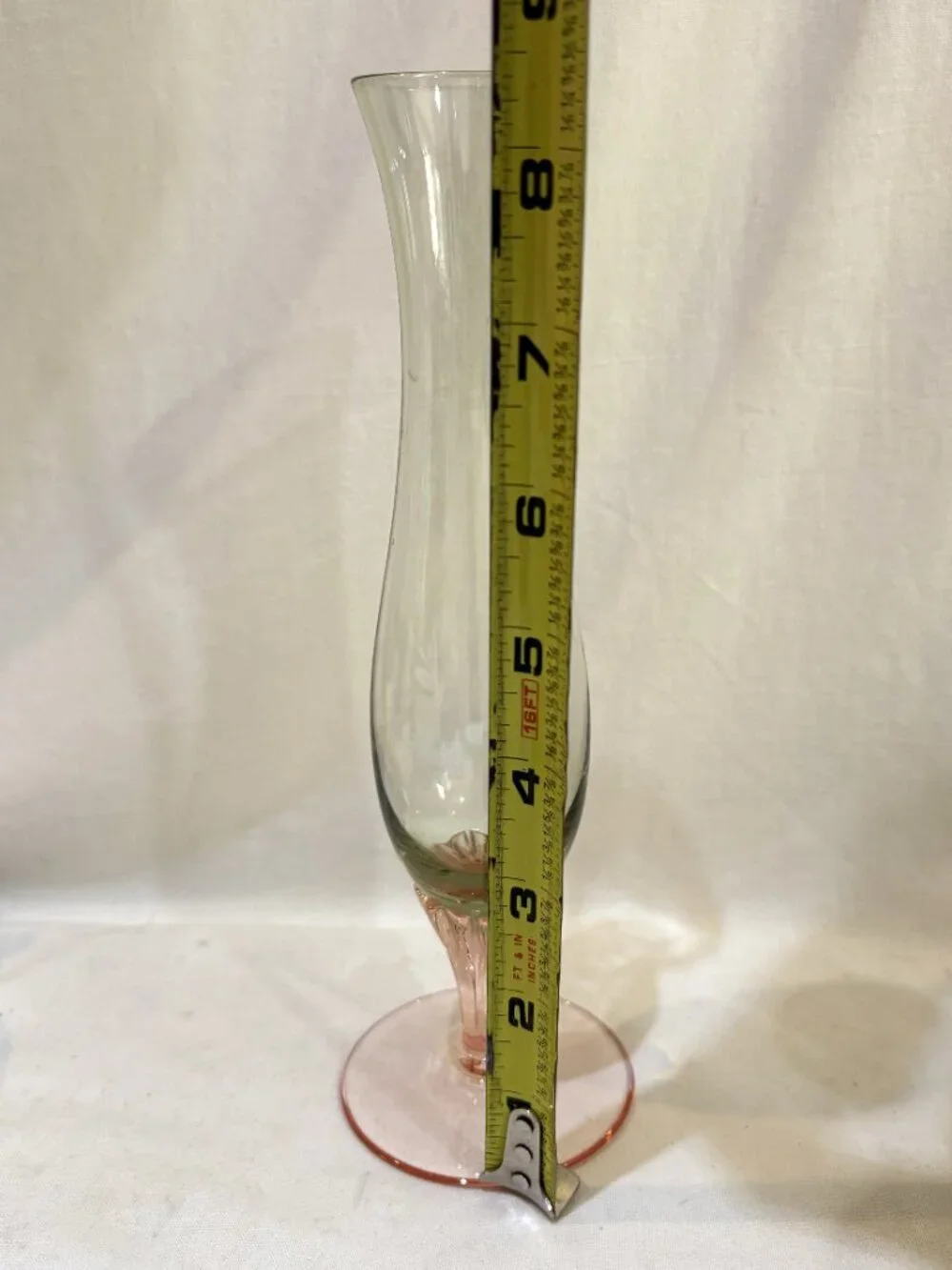 VTG Glass Pedestal Bud Vase Pink Stem Green Tint Glass Vase